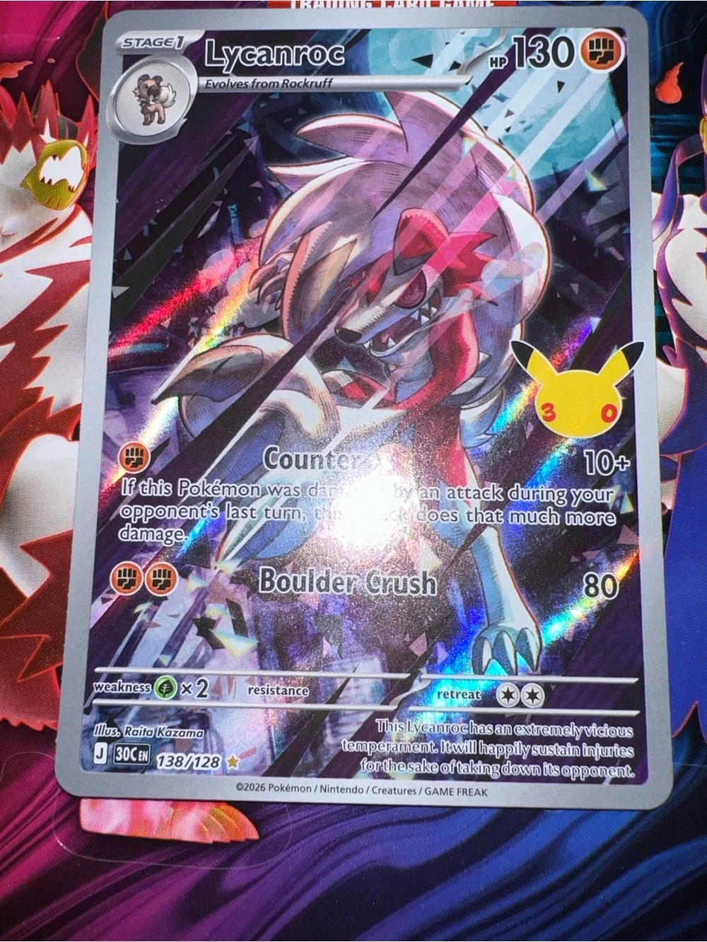 Pokemon Lycanroc Holo Card - White, Red, Blue, Purple